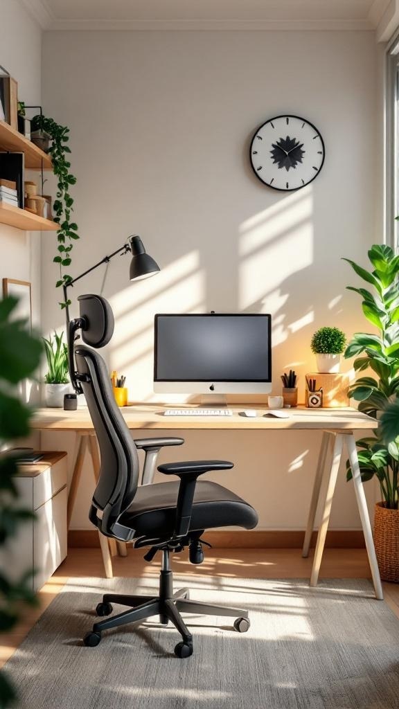 A well-organized ergonomic workspace featuring a comfortable chair, a desk with a computer, and plants for a calming atmosphere.