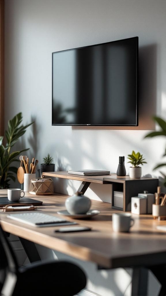 A modern ergonomic workstation with a smart TV mounted on the wall, featuring a clean desk and plants.