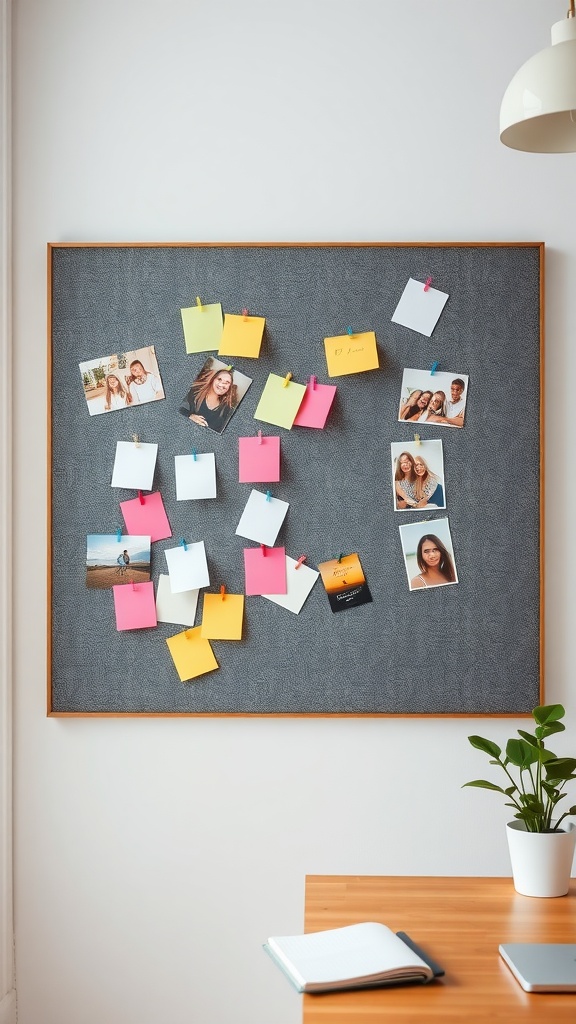 A fabric-covered bulletin board with colorful notes and photos pinned on it, enhancing a workspace aesthetic.