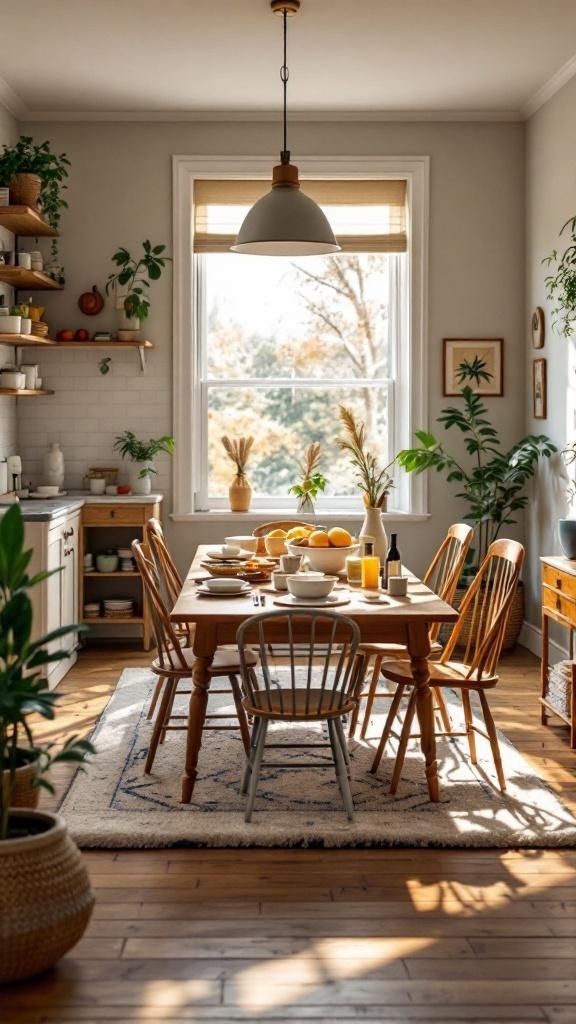 A cozy dining room with a wooden table set for a meal, surrounded by plants and natural light.