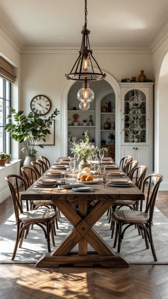 A long wooden dining table set for a family-style meal, surrounded by chairs and decorated with fresh fruit and a light fixture above.