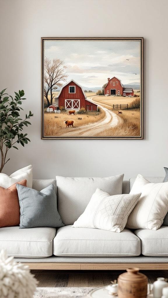 A cozy living room featuring a farm-themed mural with cows, barns, and mountains.