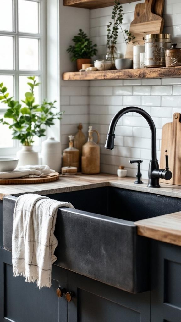 A dark farmhouse sink with wooden countertops and shelves, decorated with plants and kitchenware.