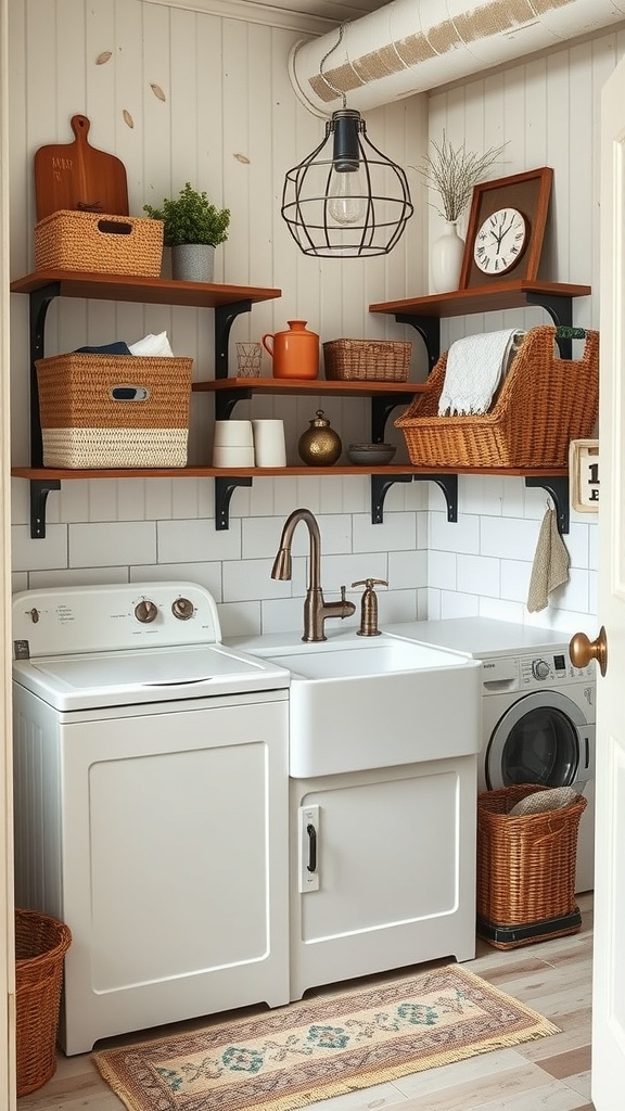 Farmhouse style laundry room with vintage touches, featuring white shiplap walls, wooden ceiling, large farmhouse sink, and open shelving with decorative items.