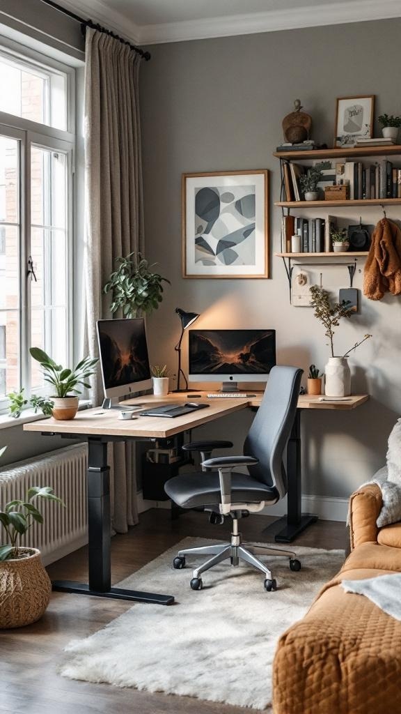 A stylish and functional work from home office with a spacious desk, comfortable chair, and decorative elements.