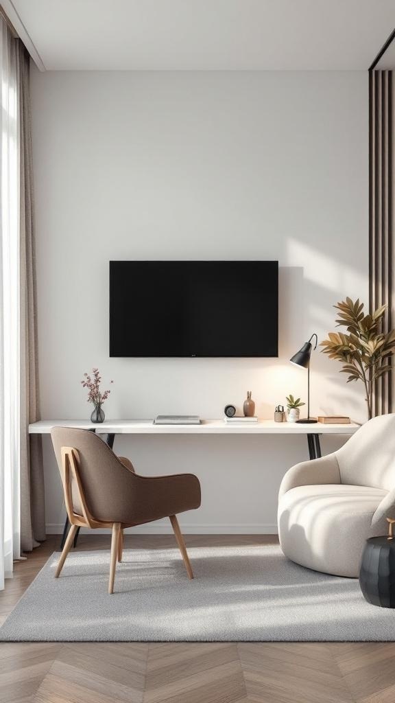 A stylish home office TV room combo featuring a desk, TV, and comfortable seating.