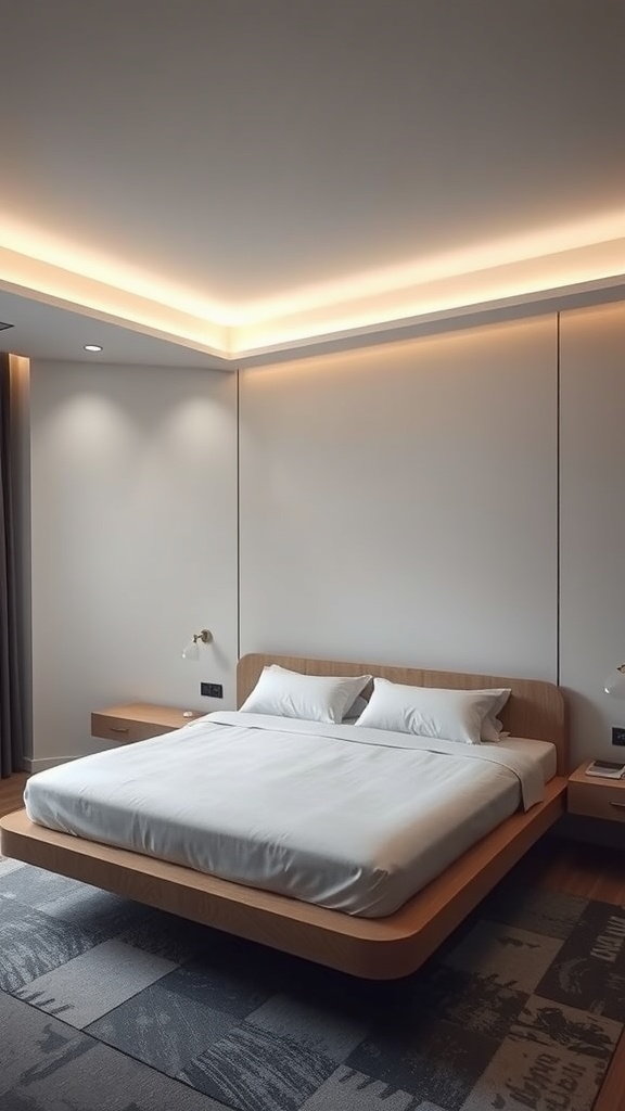 Minimalist bedroom featuring a floating bed design with light wood and soft lighting.