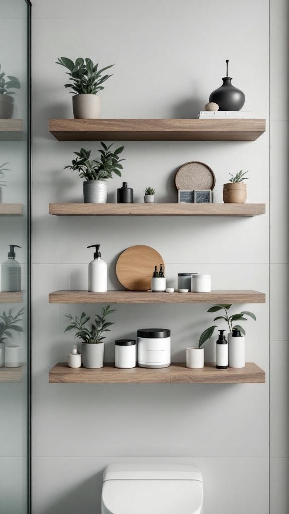 Floating wooden shelves in a modern bathroom displaying plants and various bathroom products.