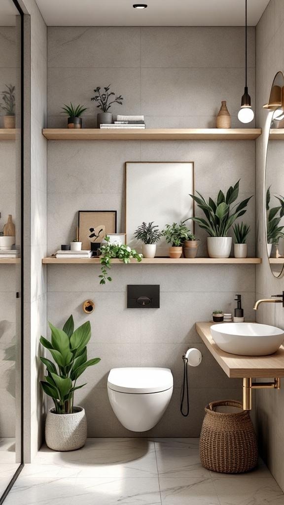 A modern bathroom featuring floating wooden shelves with various plants and decorative items, showcasing a Japandi design.