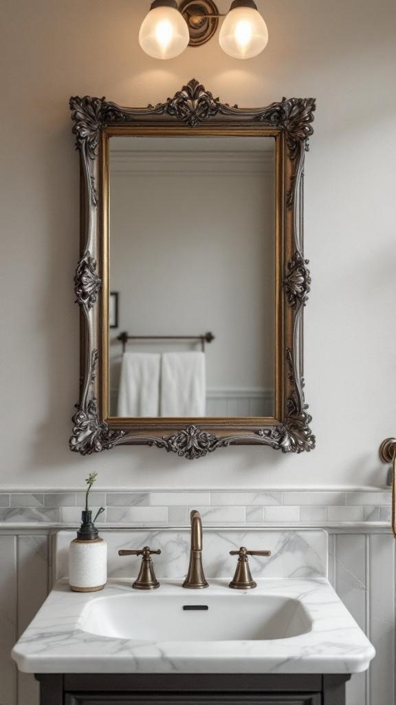 A beautifully framed mirror above a marble sink in a stylish bathroom.