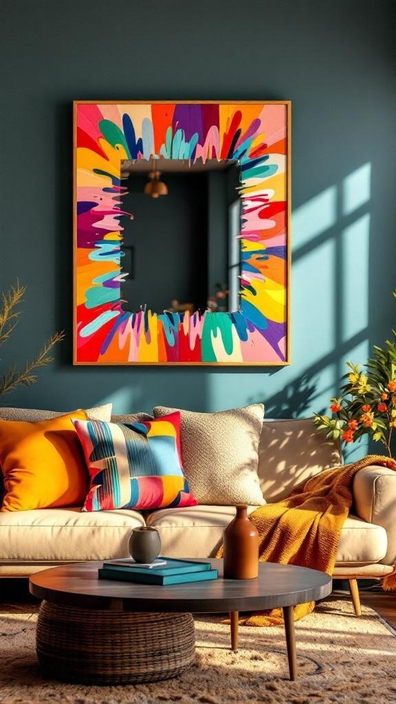 A vibrant, multicolored framed mirror hanging on a wall above a cozy sofa with colorful cushions.