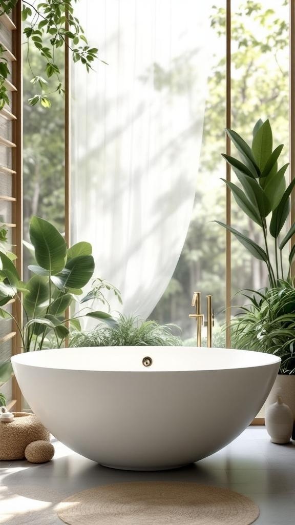 A freestanding soaking tub surrounded by plants and natural light in a Japandi bathroom