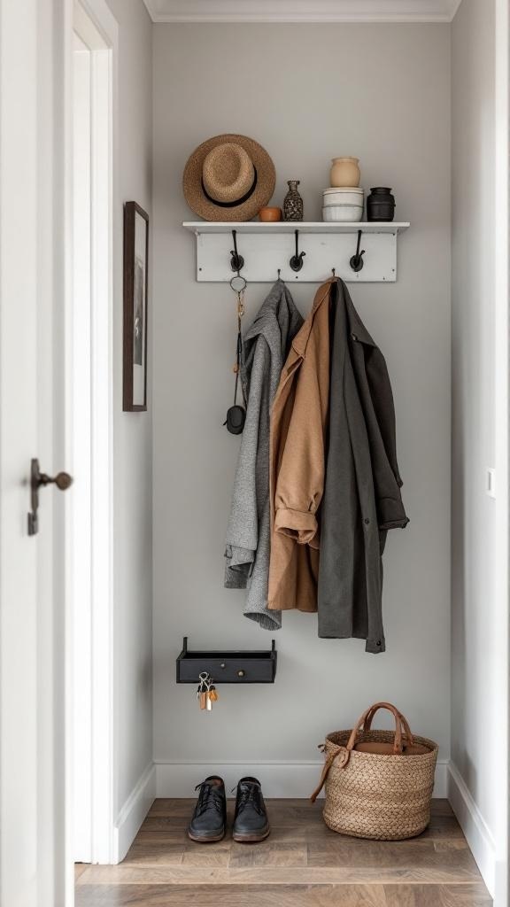 A narrow entryway with a functional coat rack featuring hooks for coats and hats, a small shelf for keys, and a woven basket for shoes.