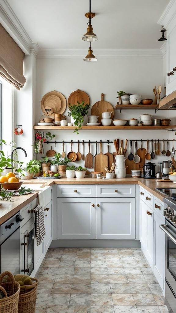 A cozy French style kitchen with white cabinets, wooden shelves, and natural light.