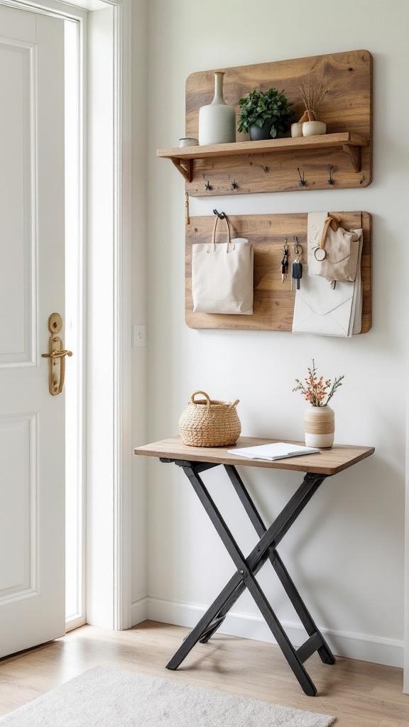 A narrow entryway featuring a functional folding table with a wall-mounted shelf above it.