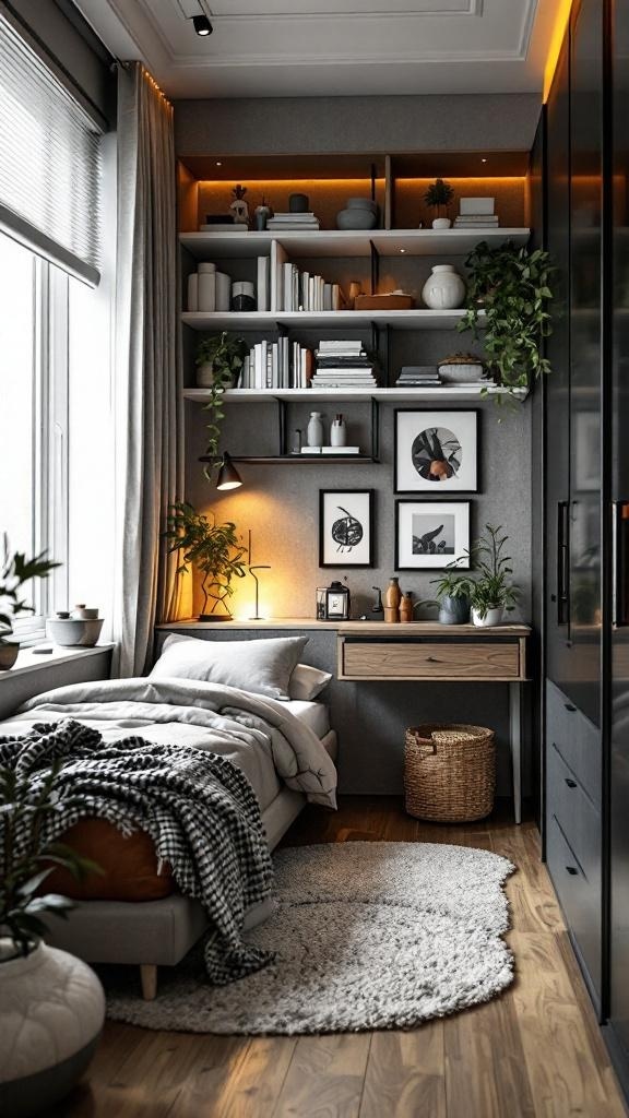 A stylish small bedroom featuring a compact bed, functional shelving, and a cozy workspace.
