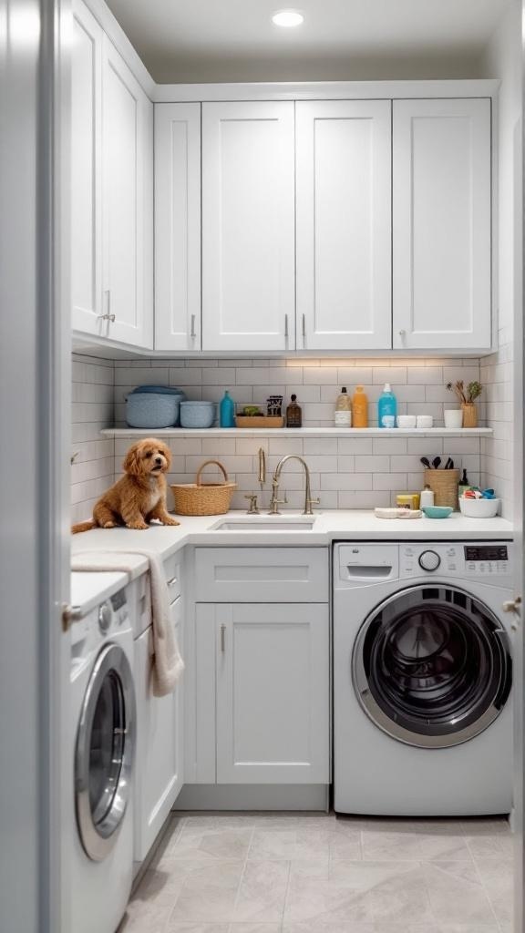 A modern laundry room featuring a pet washing station, white cabinetry, and a small dog on the counter.