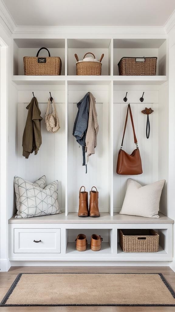 Functional mudroom with built-in benches, storage baskets, and hooks for organization.