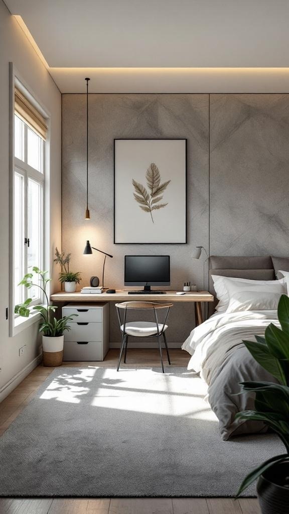 A modern male bedroom with a workspace, featuring a desk, computer, and plants.