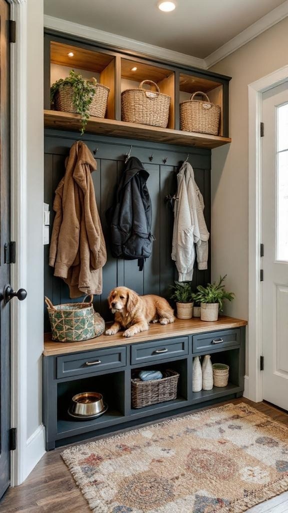 A stylish mudroom laundry room with a bench, pet food bowl, and storage baskets.