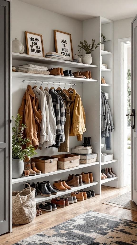 Stylish front hallway with open shelves for shoe storage and hanging space for jackets.