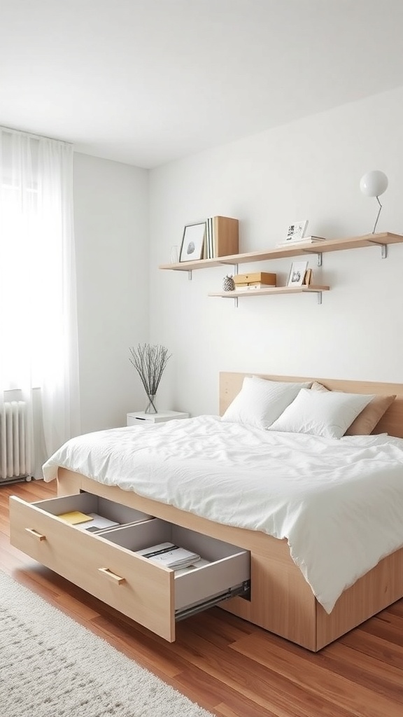 A minimalist bedroom featuring a wooden bed with storage drawers and floating shelves.