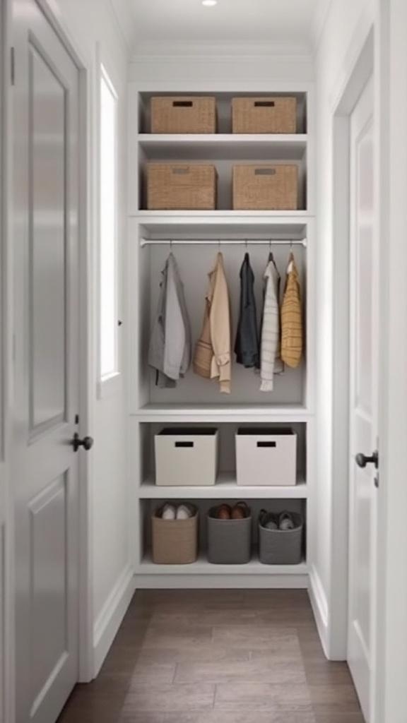 A small hallway with organized storage solutions including shelves, baskets, and hanging space.