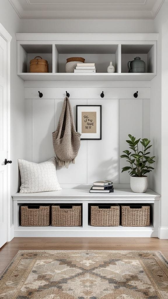 A modern entryway featuring a built-in bench, open shelves, wall hooks, and storage baskets.