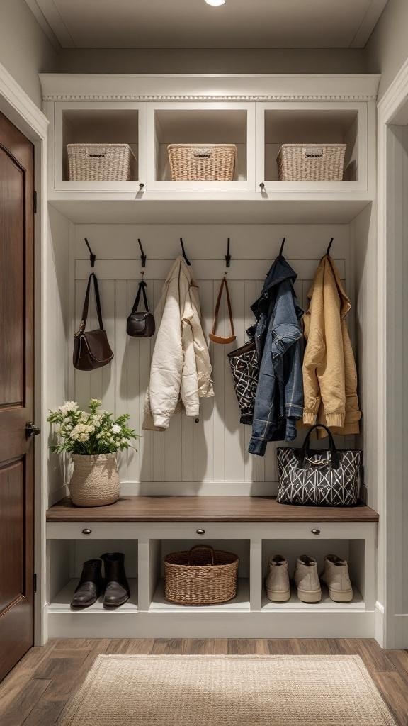 Organized mudroom laundry room with storage baskets, hooks, and a bench.