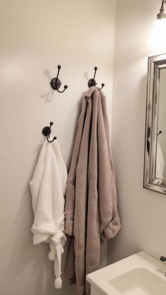 Wall hooks in a bathroom holding towels and robes