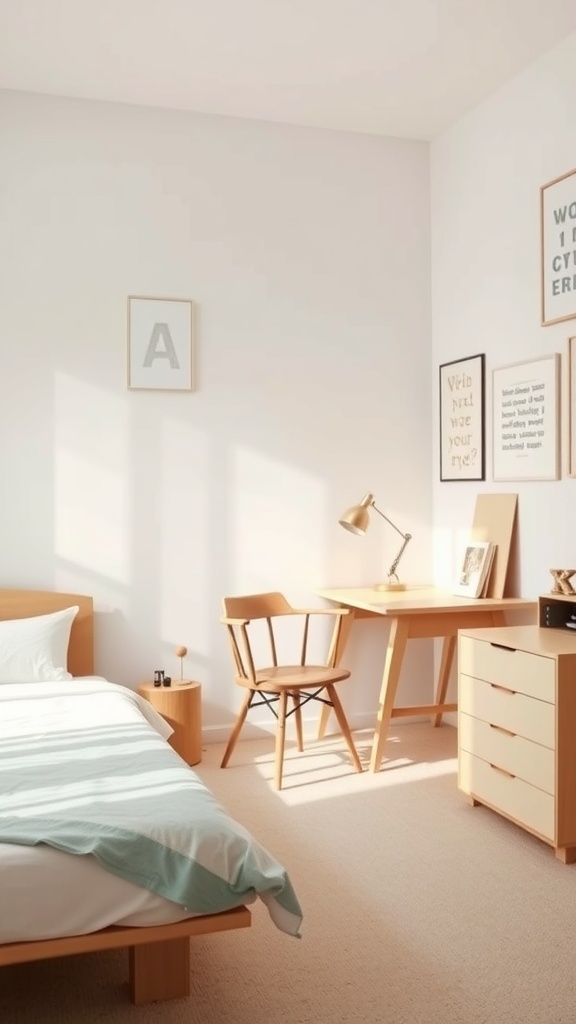 A minimalist bedroom with a functional workspace featuring a desk, chair, and warm-toned furniture.
