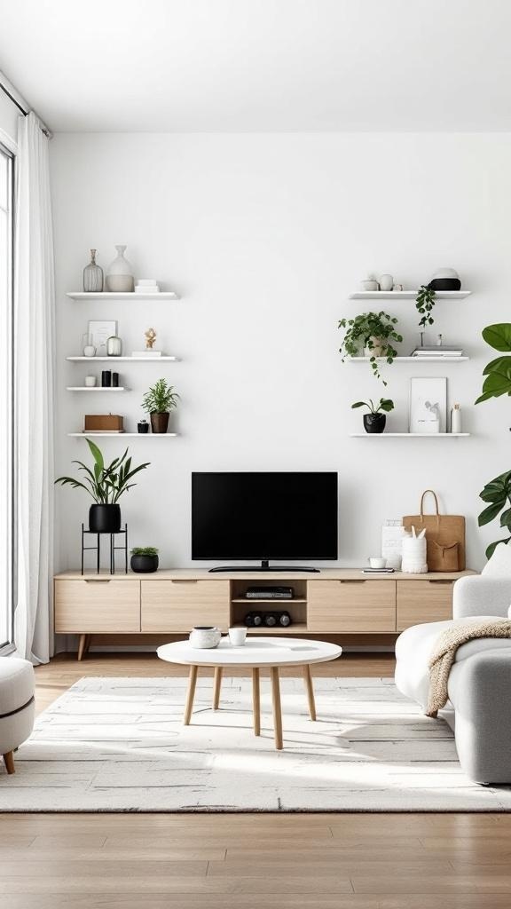 A stylish lounge room featuring light wood furniture, open shelving with plants, and a cozy atmosphere.