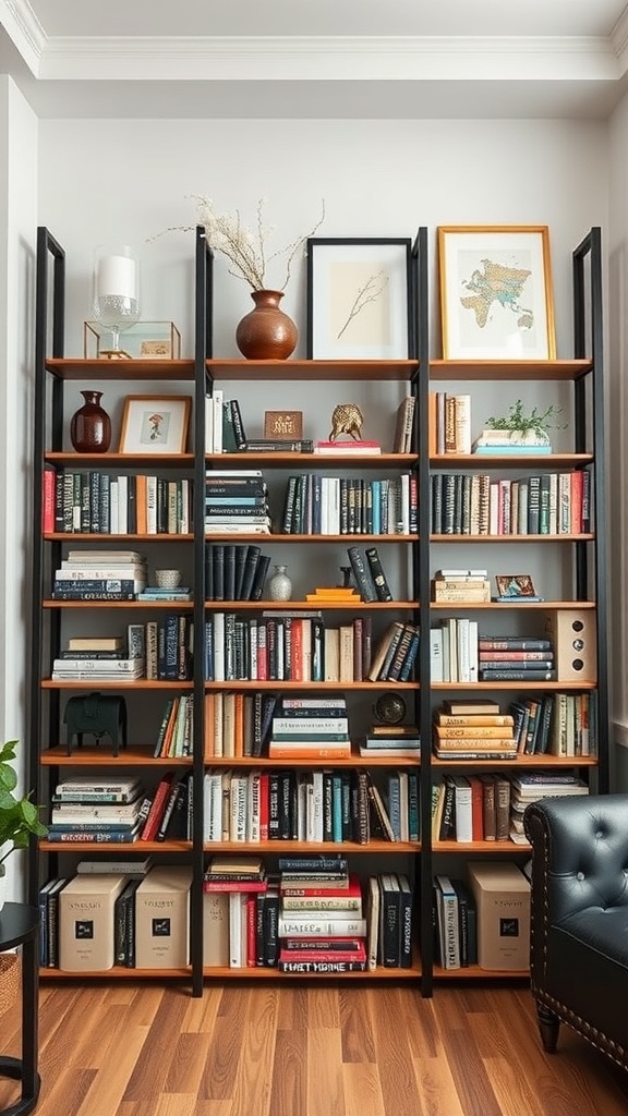 A stylish black and wood bookshelf filled with books and decorative items in a cozy living room.