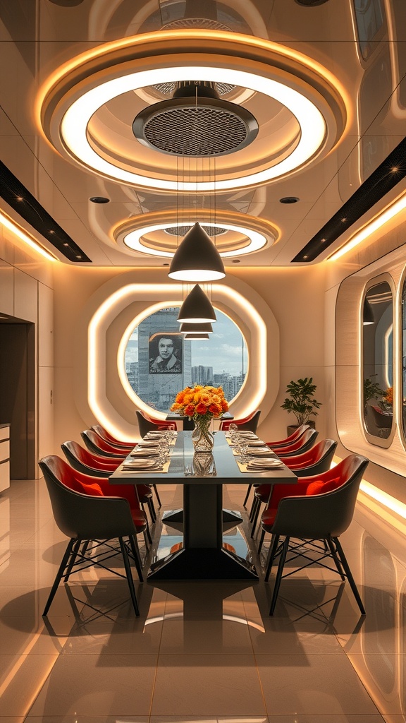 Futuristic dining room with blue LED lighting and modern furniture