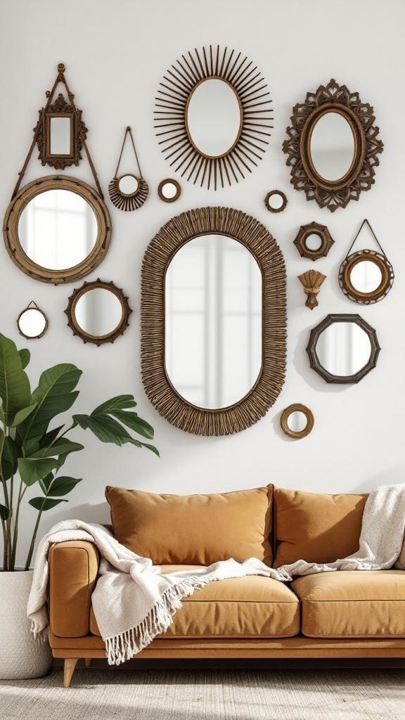 Gallery wall of mirrors with various shapes and sizes above a cozy sofa