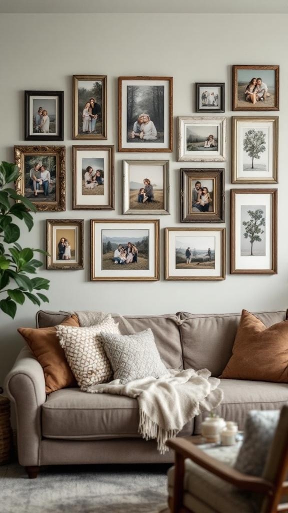 Gallery wall featuring a variety of vintage frames with family photos, enhancing a cozy living room atmosphere.