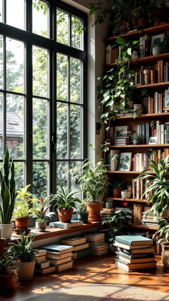 A cozy reading corner with bookshelves, plants, and large windows overlooking a garden.