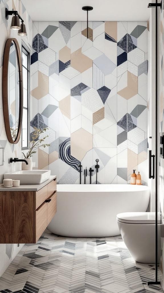 A modern bathroom featuring geometric patterned tiles in soft colors, a freestanding tub, and wooden cabinetry.