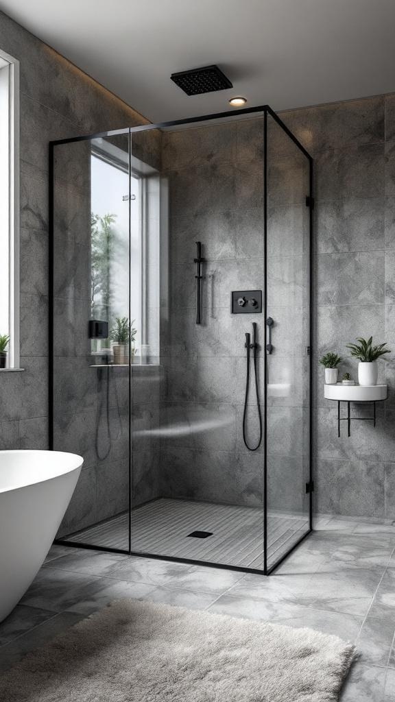 Modern glass shower enclosure in a dark-themed bathroom with plants