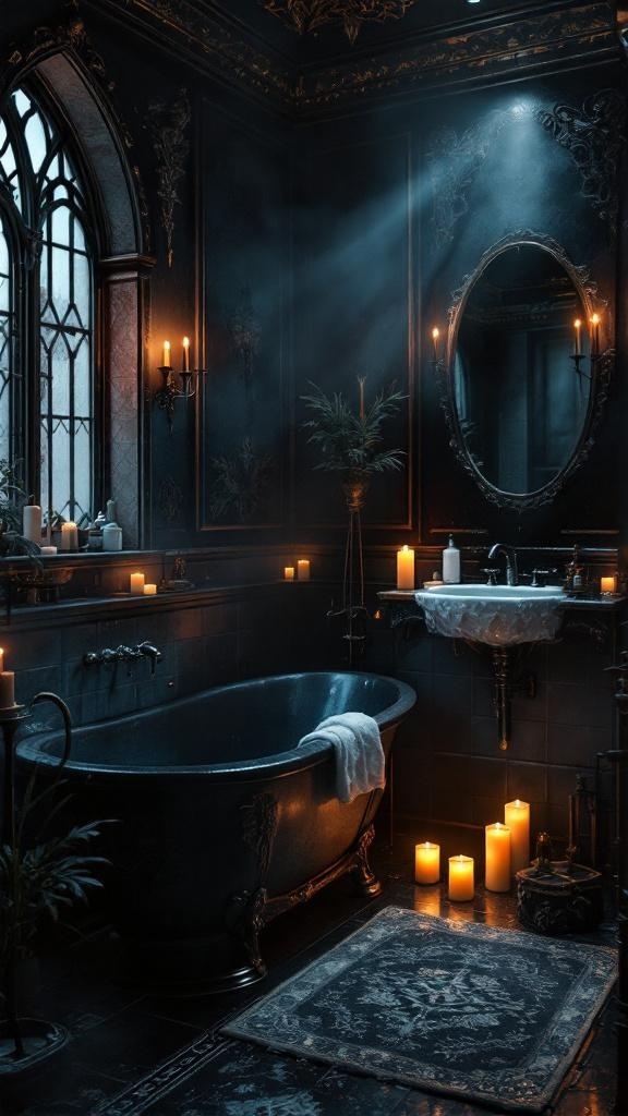 A gothic-inspired dark bathroom featuring a vintage bathtub, candles, and ornate decor.
