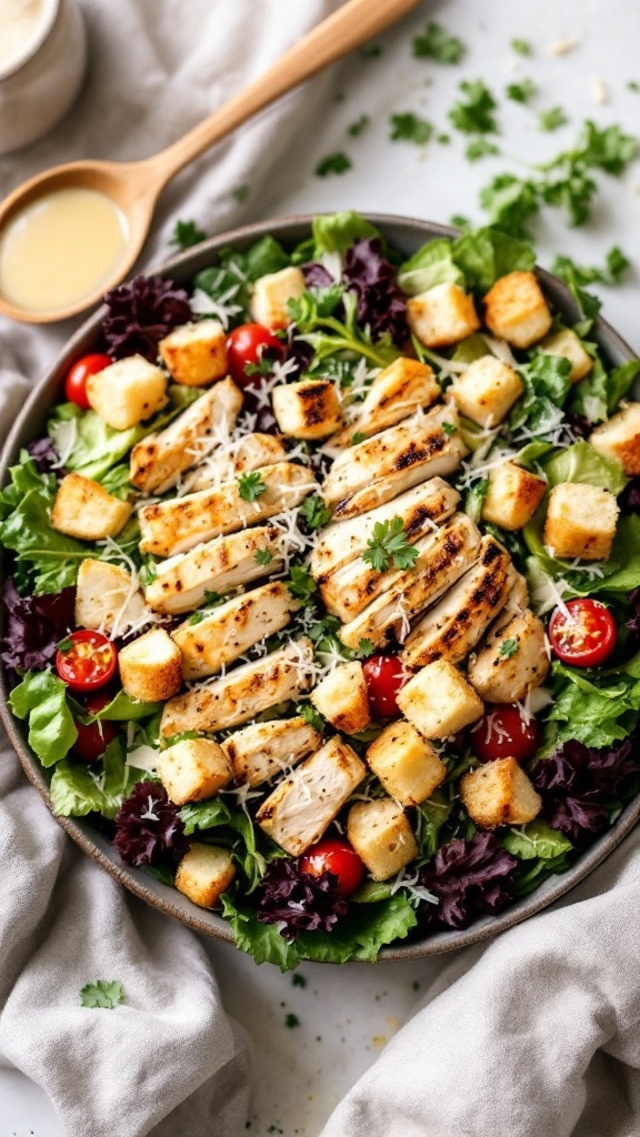 A colorful Grilled Chicken Caesar Salad with sliced chicken, croutons, and cherry tomatoes on a bed of lettuce.