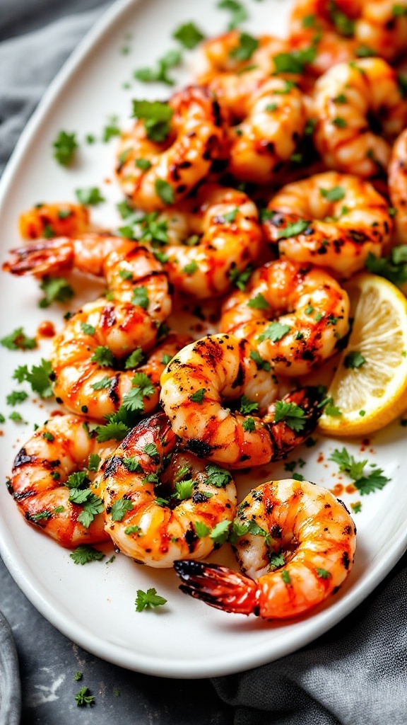 Grilled shrimp garnished with herbs and lemon on a white platter