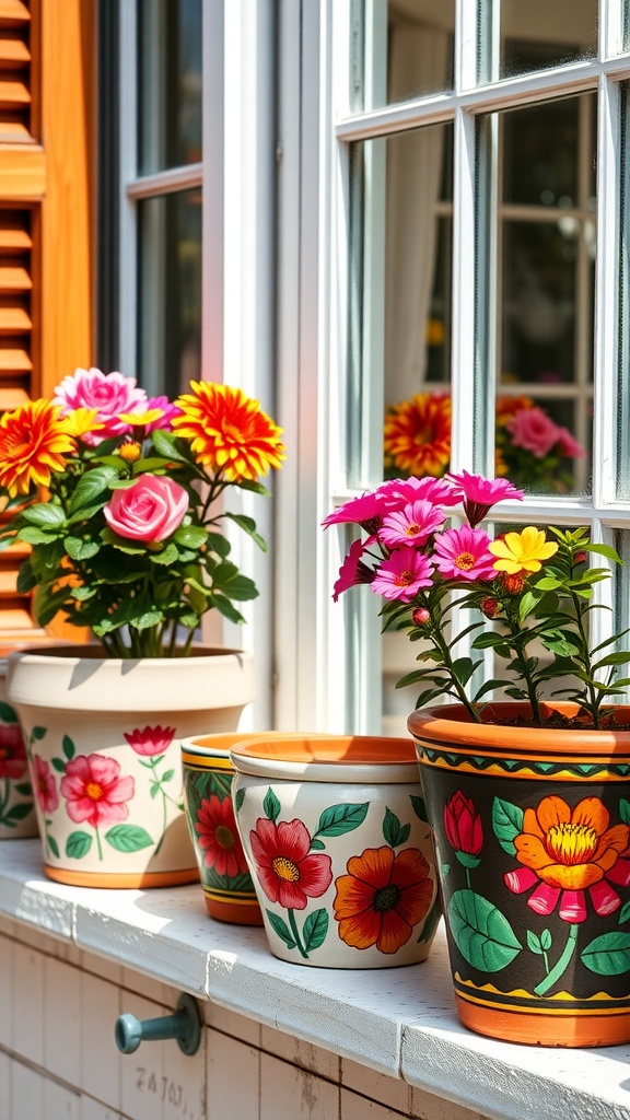 Colorful hand-painted terracotta pots with flowers on a window sill