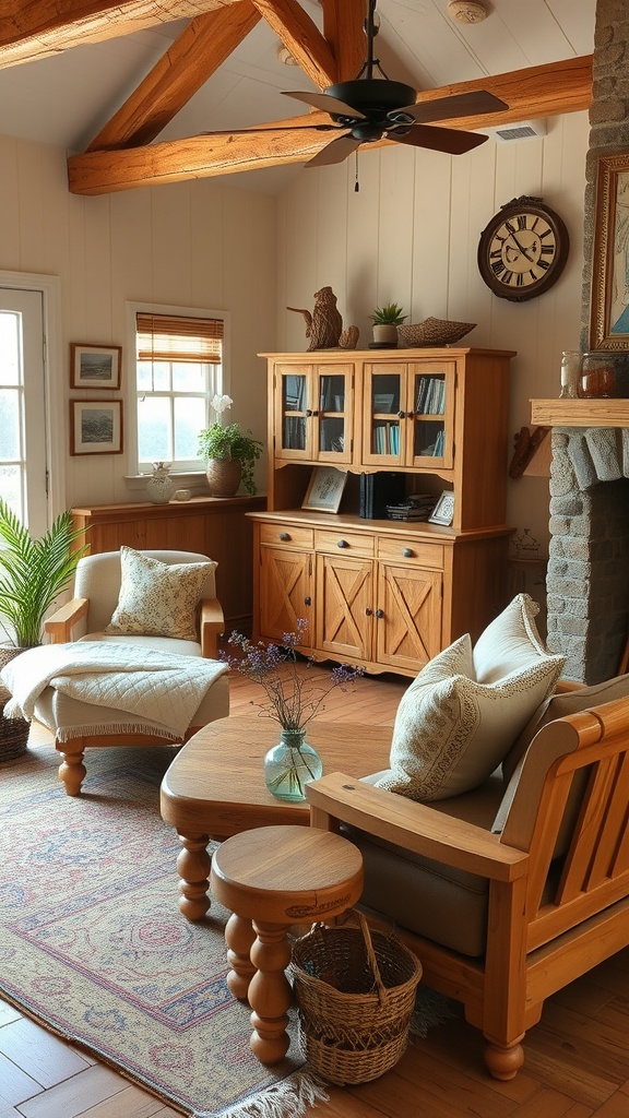 Cozy living room with handcrafted wooden furniture, featuring a wooden coffee table and chair, surrounded by warm wooden walls.