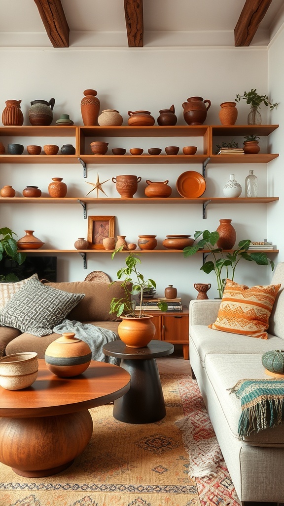 A cozy living room featuring handmade pottery accents on wooden shelves, showcasing various shapes and earthy tones.