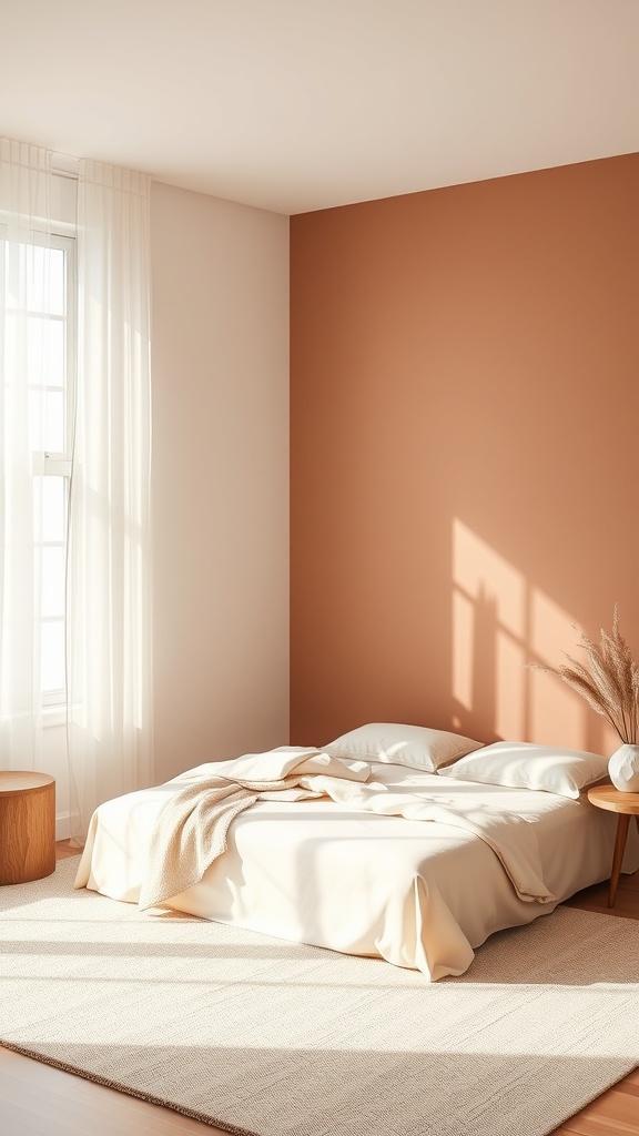 A minimalist bedroom with a terracotta wall, cream bedding, and natural light.