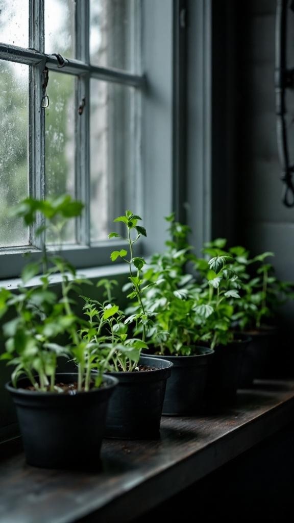 A row of green herbs in dark planters on a windowsill