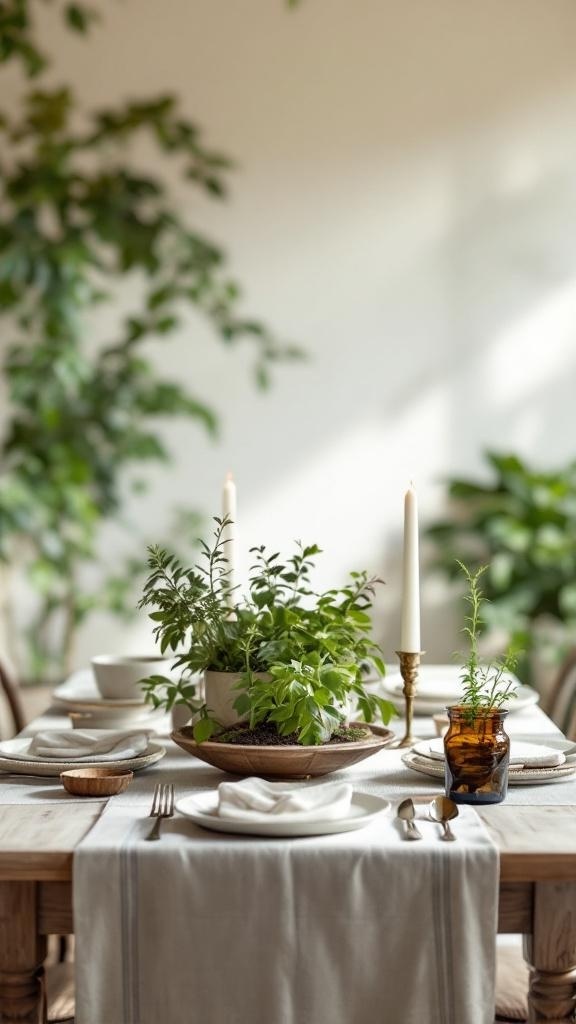 A dining table set with a central herb garden centerpiece, surrounded by elegant tableware and soft linens.