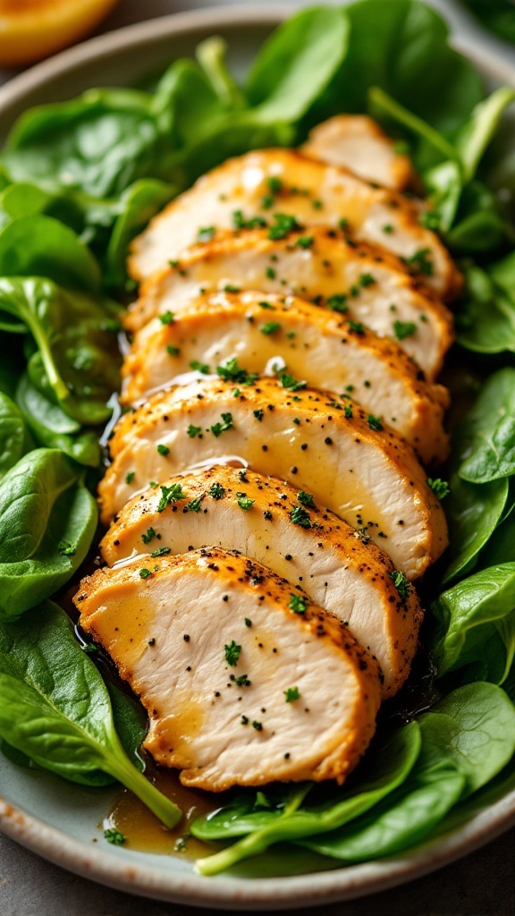 Herbed chicken served on a bed of fresh spinach, garnished with herbs.