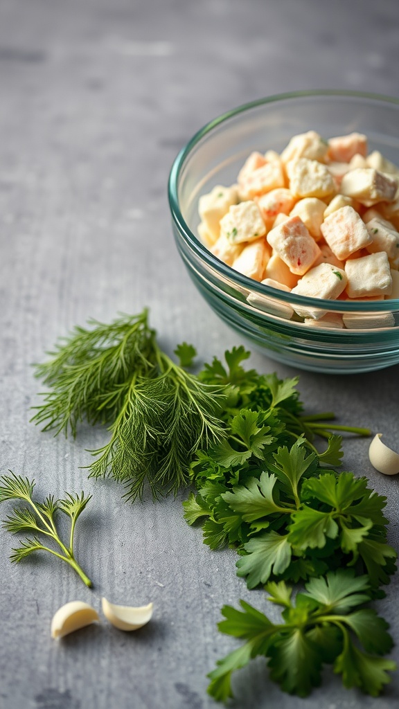 Ingredients for classic chicken salad including herbs and chicken.